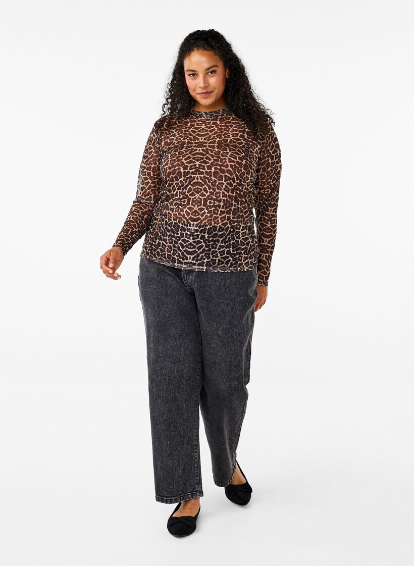 Mesh bluse med leopard mønster, Brun, Model image number 1