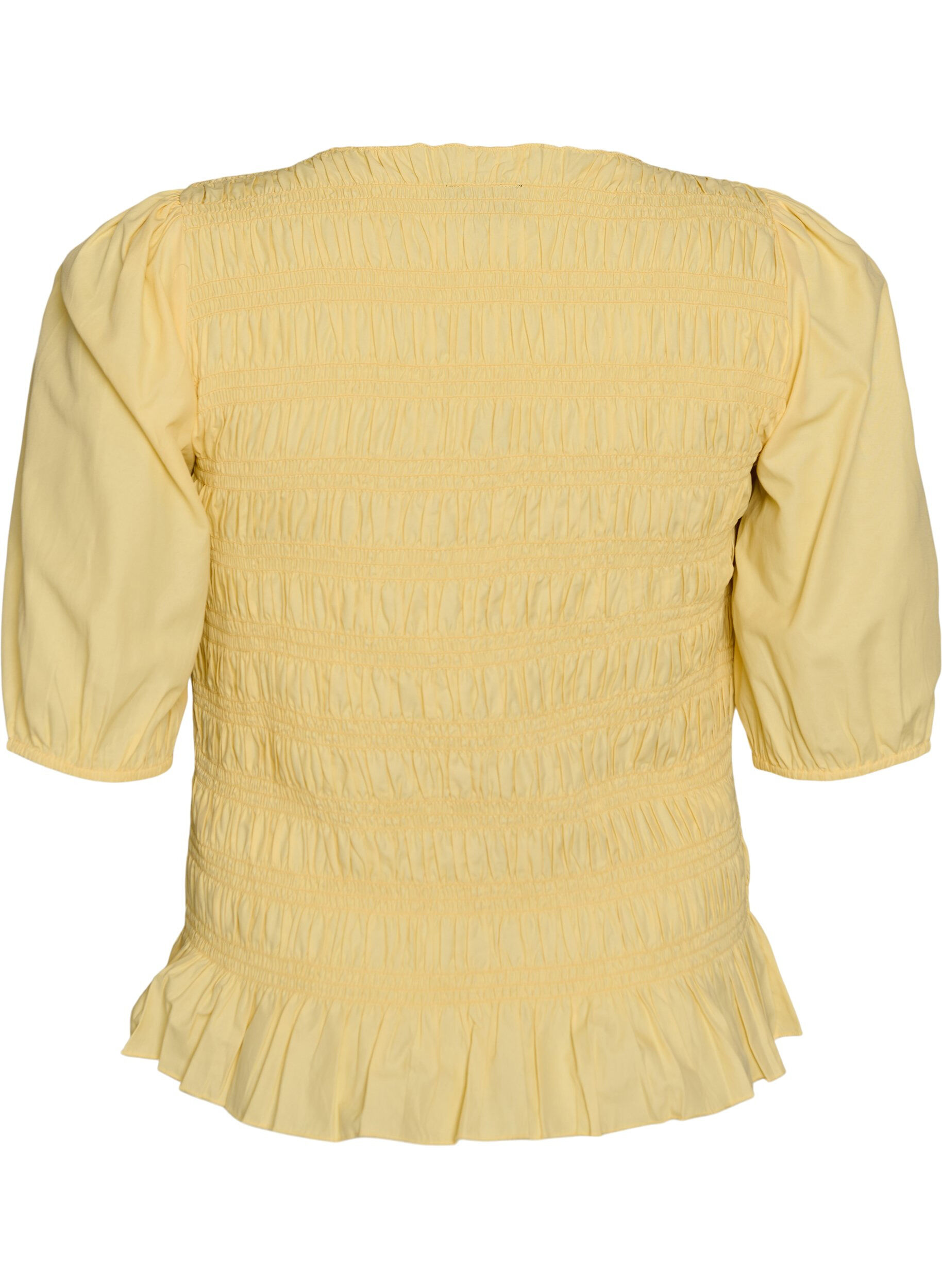 ZizziSmockbluse med fl&aelig;sekant og b&aring;dhals, Gul, Packshot image number 1