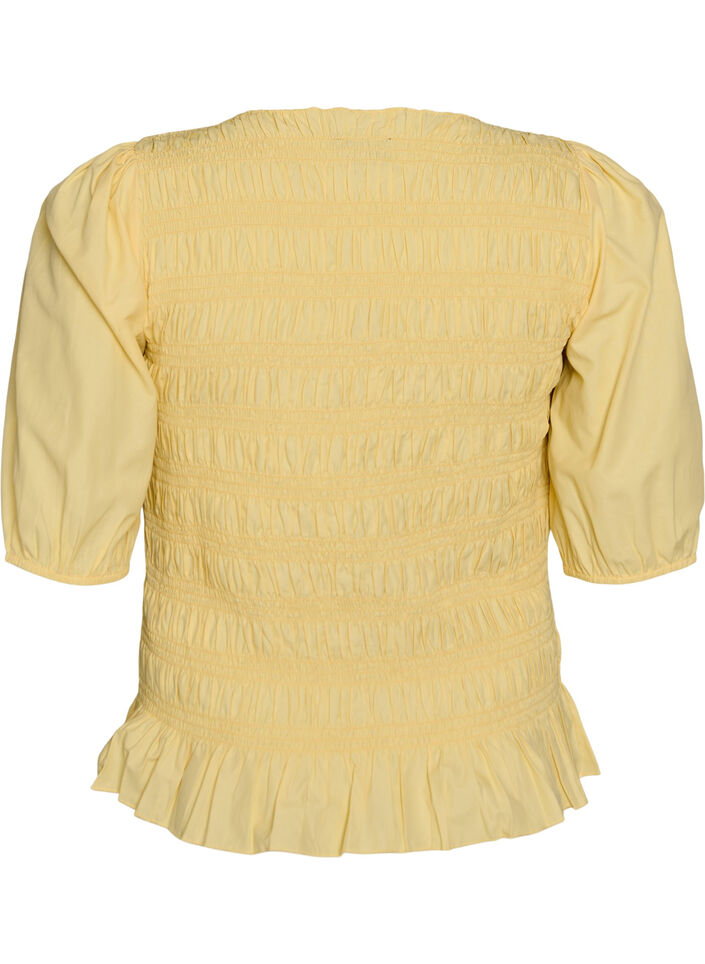 Smockbluse med fl&aelig;sekant og b&aring;dhals, Gul, Packshot image number 1