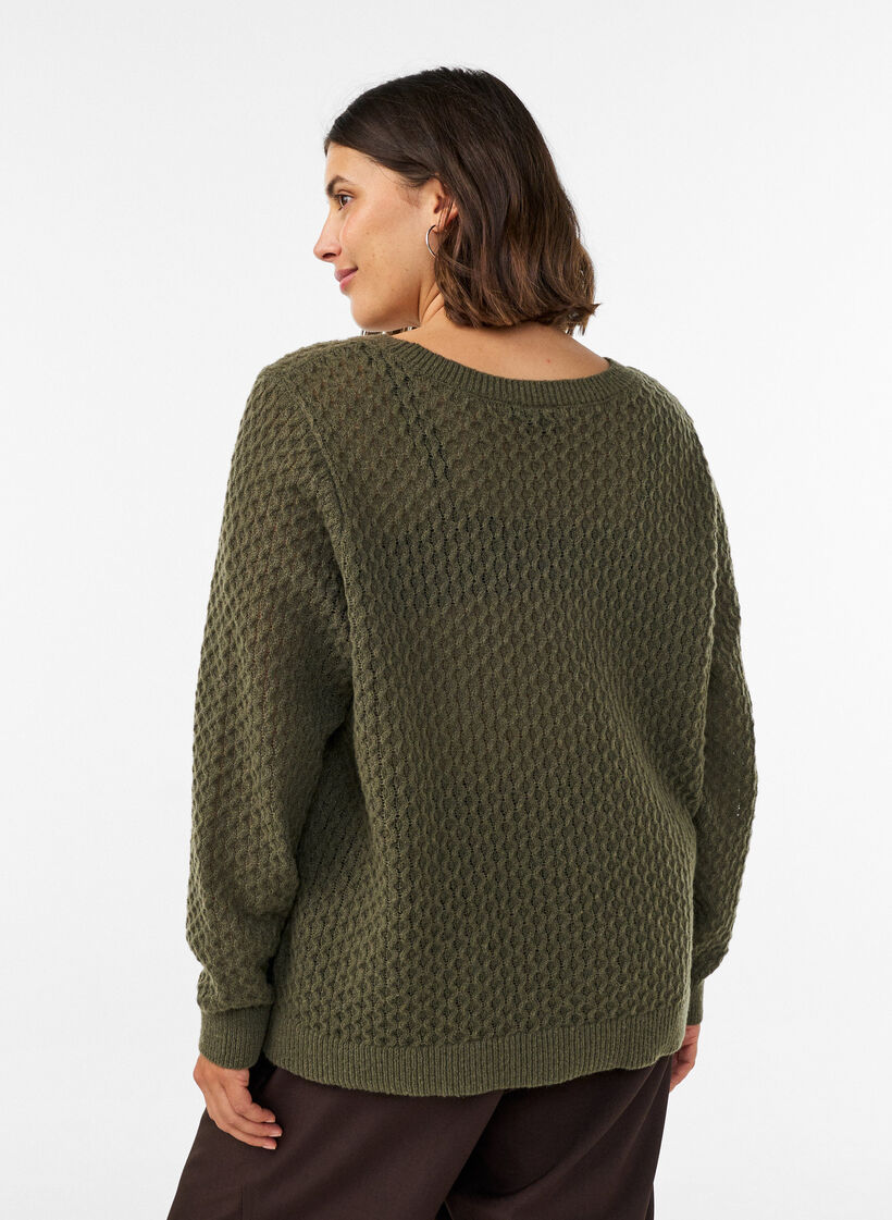 Strikbluse med struktureret hulm&oslash;nster, Gr&oslash;n, Model image number 2