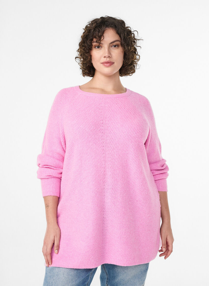 Strikbluse med diagonalt m&oslash;nster og raglan&aelig;rmer, Lyser&oslash;d, Model image number 0