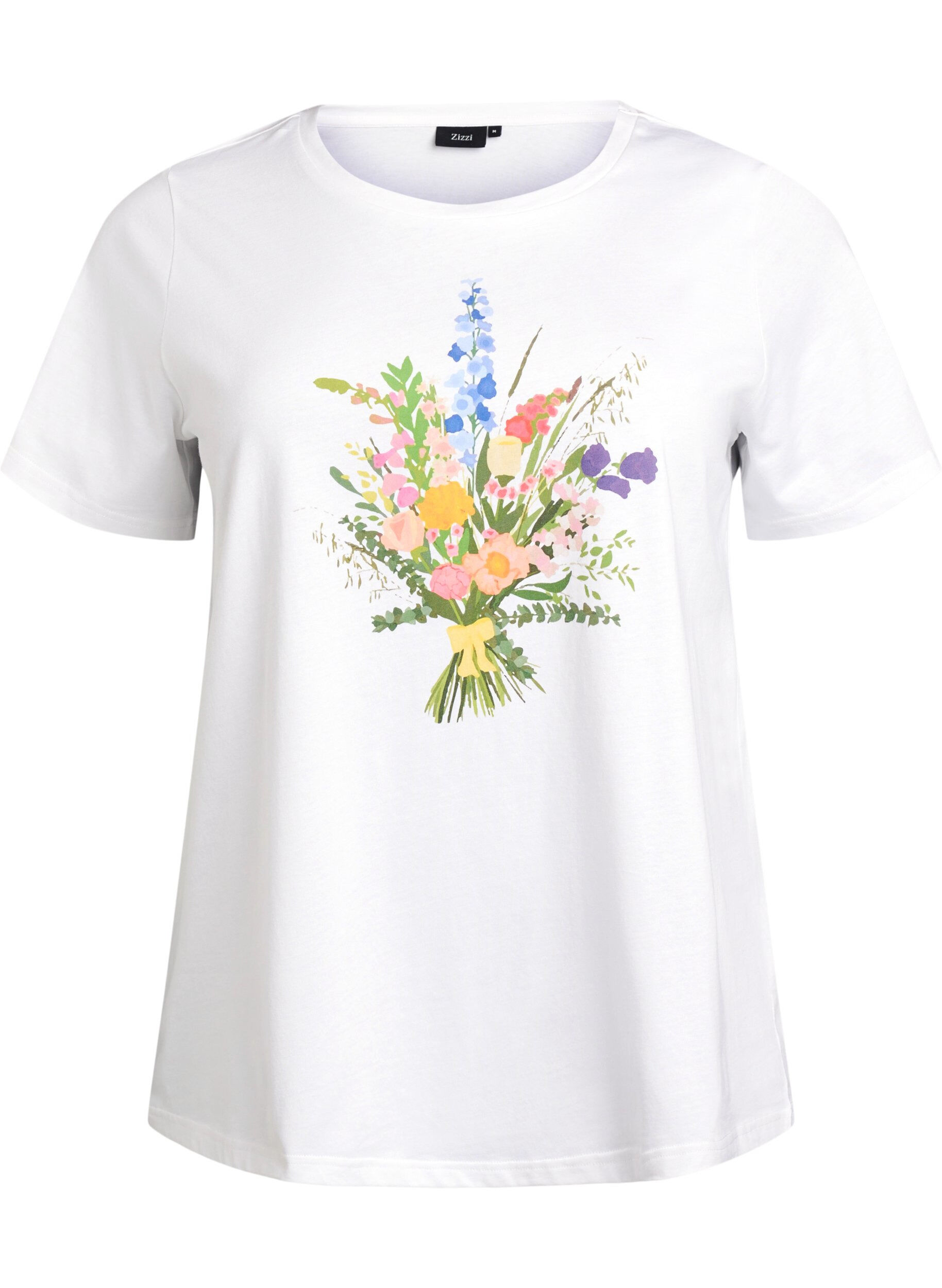 Zizzi T-shirt i &oslash;kologisk bomuld med blomstermotiv, B. White w. Flower, Packshot image number 0
