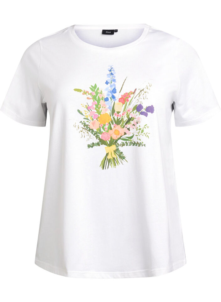 T-shirt i økologisk bomuld med blomstermotiv, B. White w. Flower, Packshot image number 0
