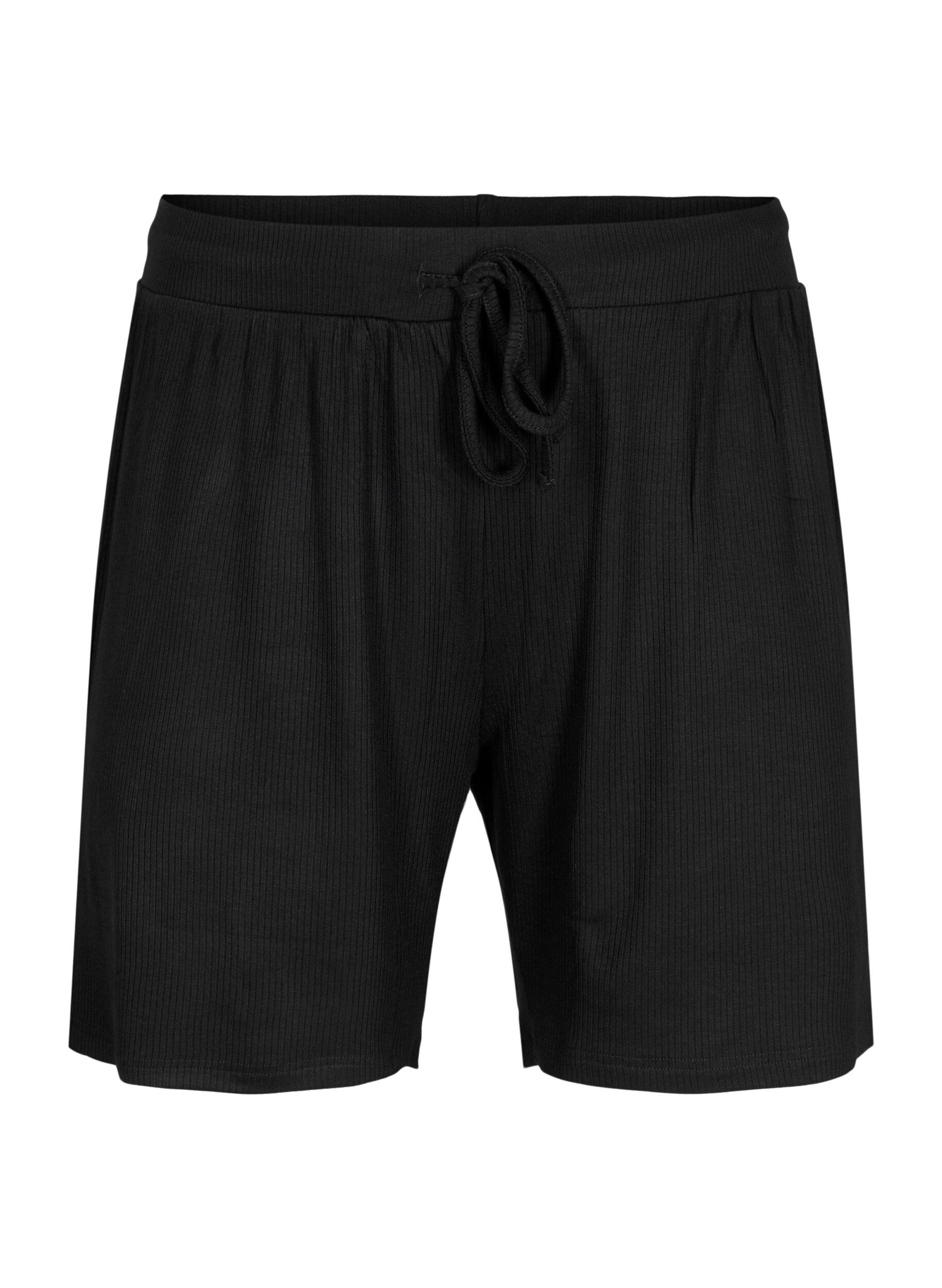 Zizzi L&oslash;stsiddende viskose shorts med rib, Black, Packshot image number 0