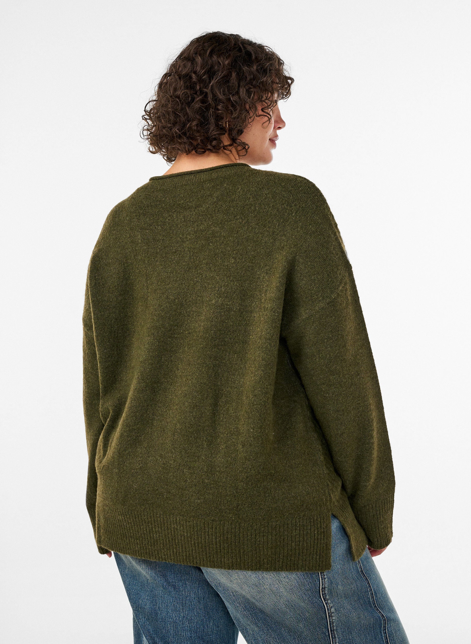 ZizziStrikbluse med V-formet ribm&oslash;nster og slidser, Gr&oslash;n, Model image number 2