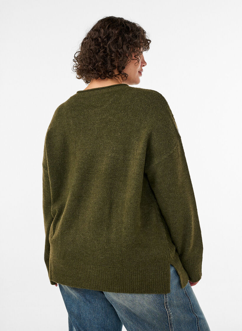 Strikbluse med V-formet ribm&oslash;nster og slidser, Gr&oslash;n, Model image number 2