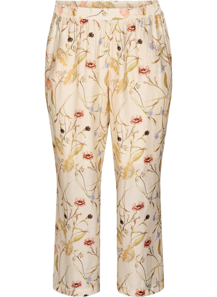 Bukser i viskose med h&oslash;j talje og blomsterprint, Beige, Packshot image number 0