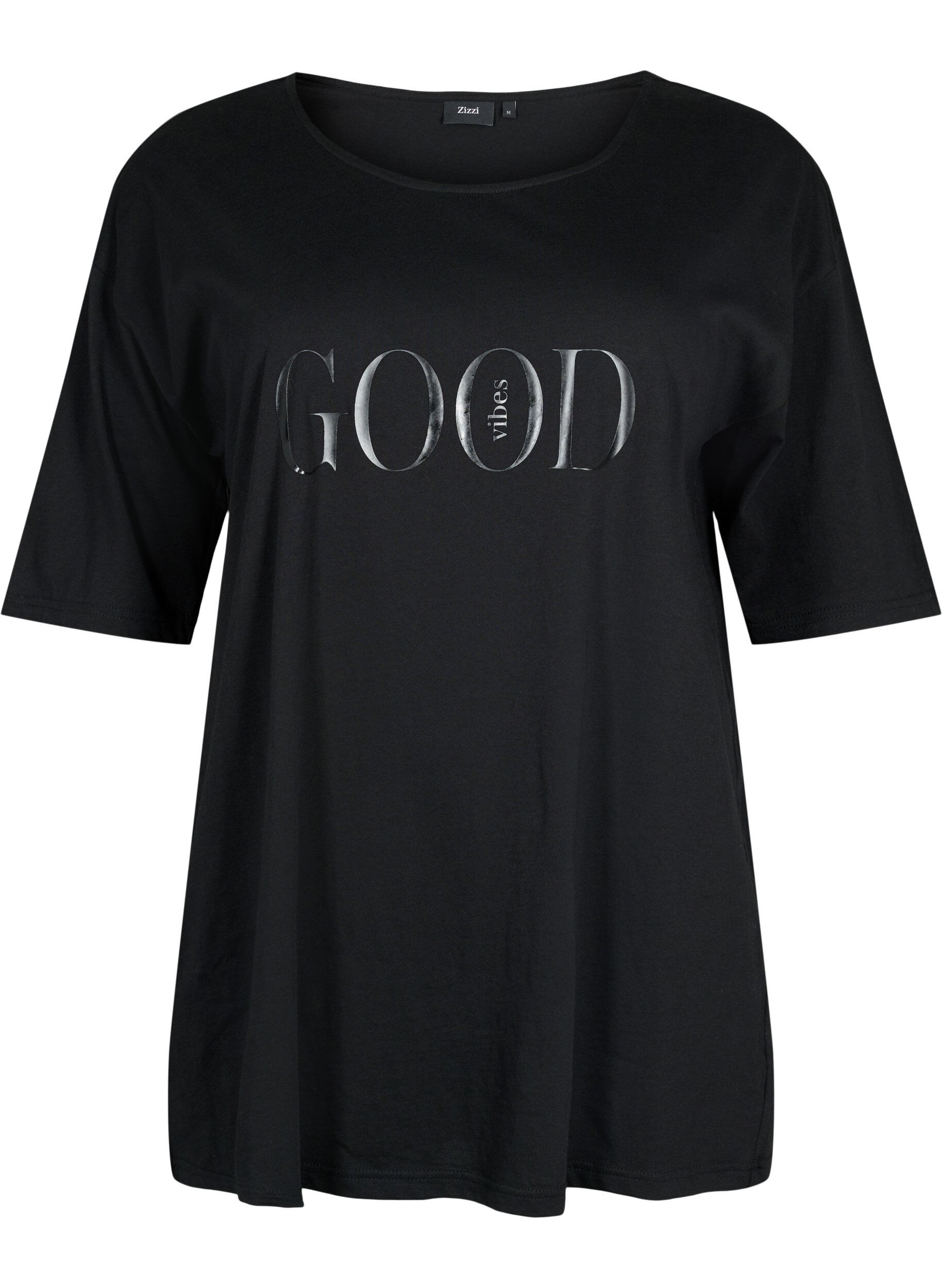 Zizzi Oversize bomulds t-shirt med tryk, Black GOOD, Packshot image number 0