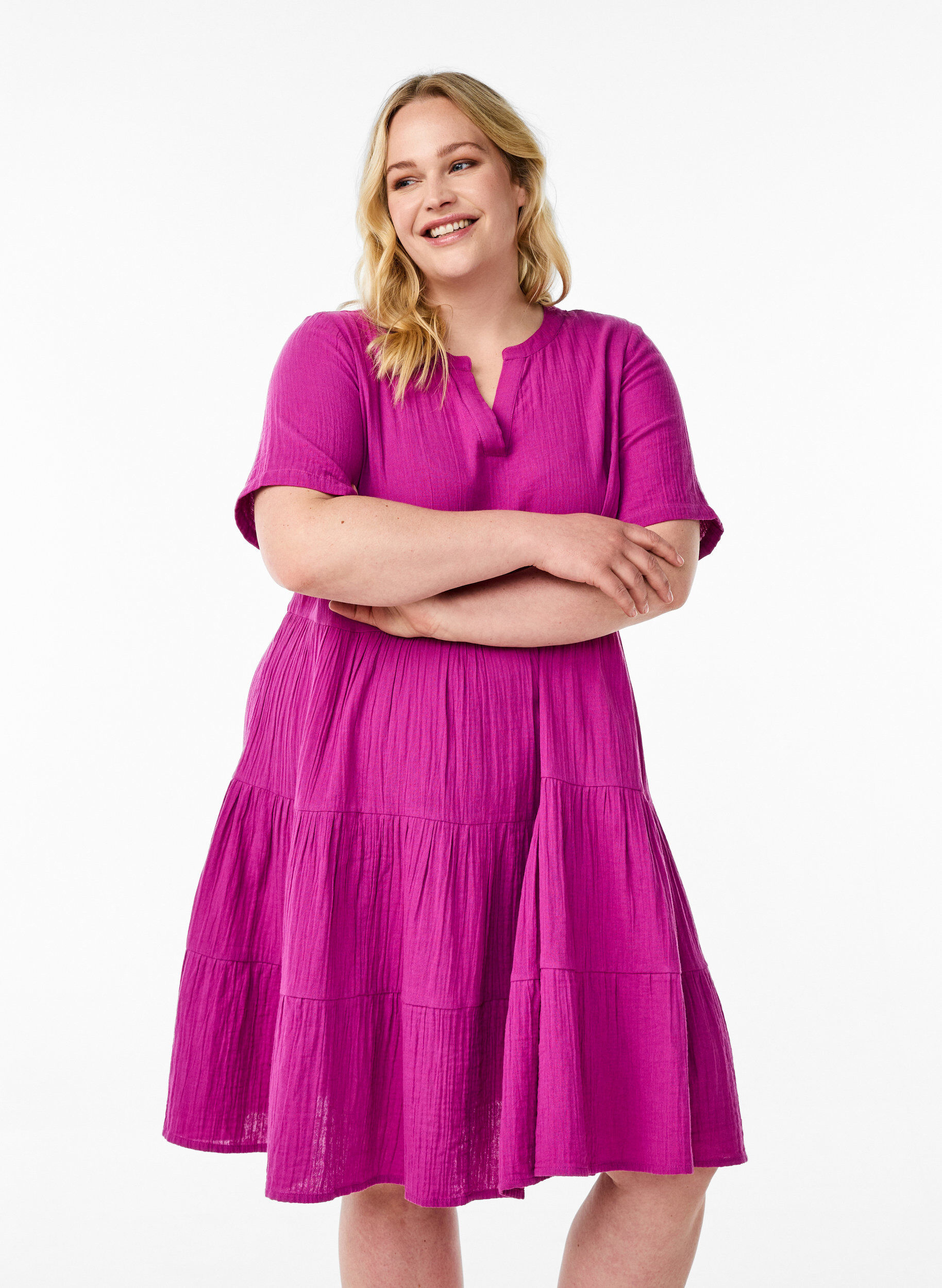 Zizzi Kn&aelig;lang kjole i bomuldsmusselin med A-snit, Lilla, Model image number 0