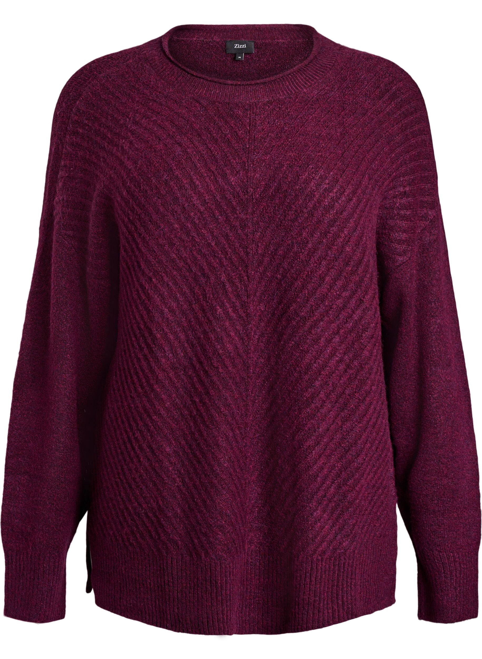 ZizziStrikbluse med V-formet ribm&oslash;nster og slidser, Lilla, Packshot image number 0