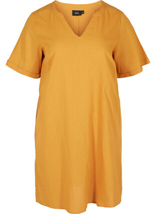 Kortærmet kjole i bomuldsmix med hør, Honey Mustard, Packshot image number 0