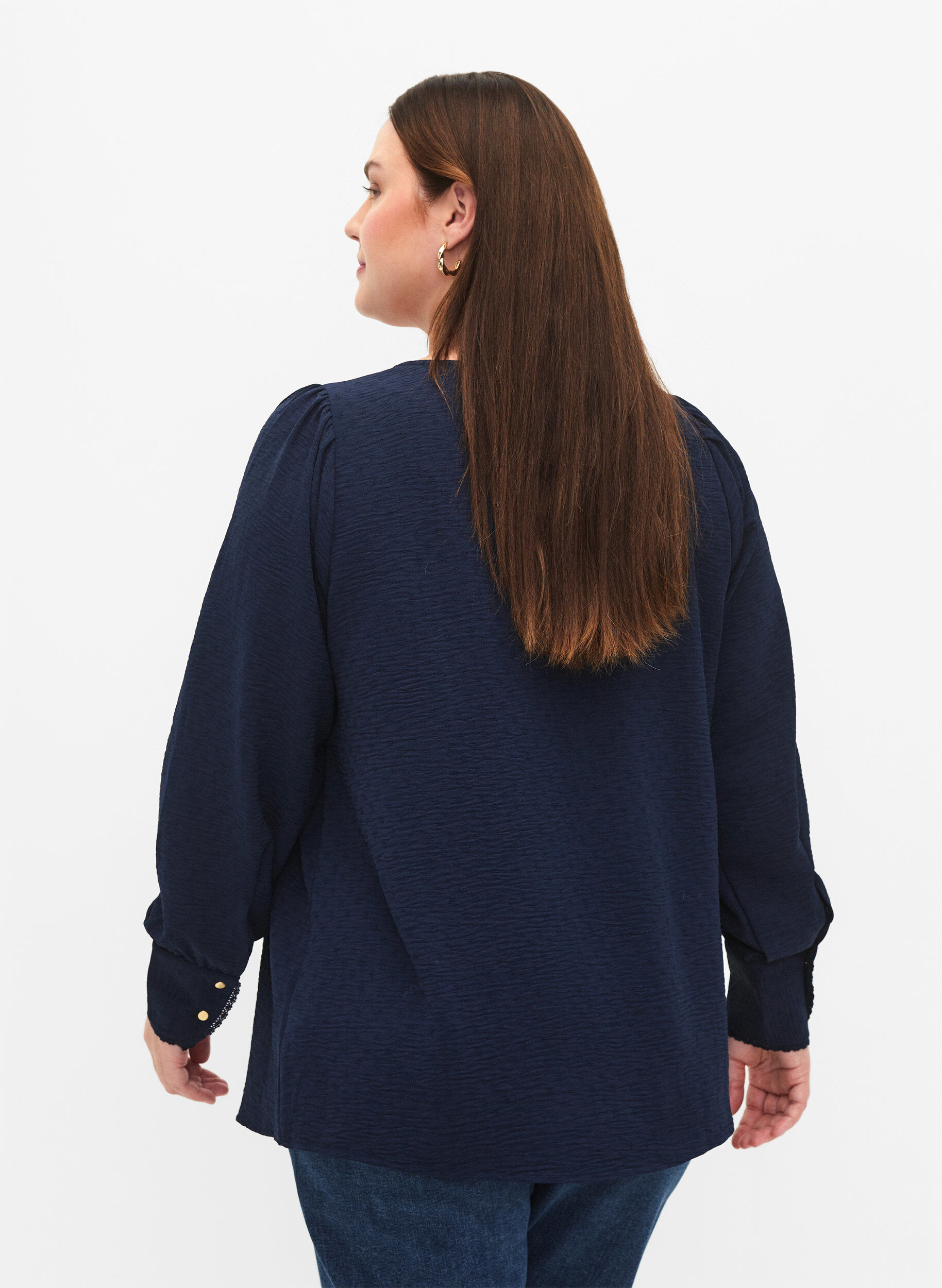 Zizzi Lang&aelig;rmet bluse med tekstur, Navy Blazer, Model image number 1