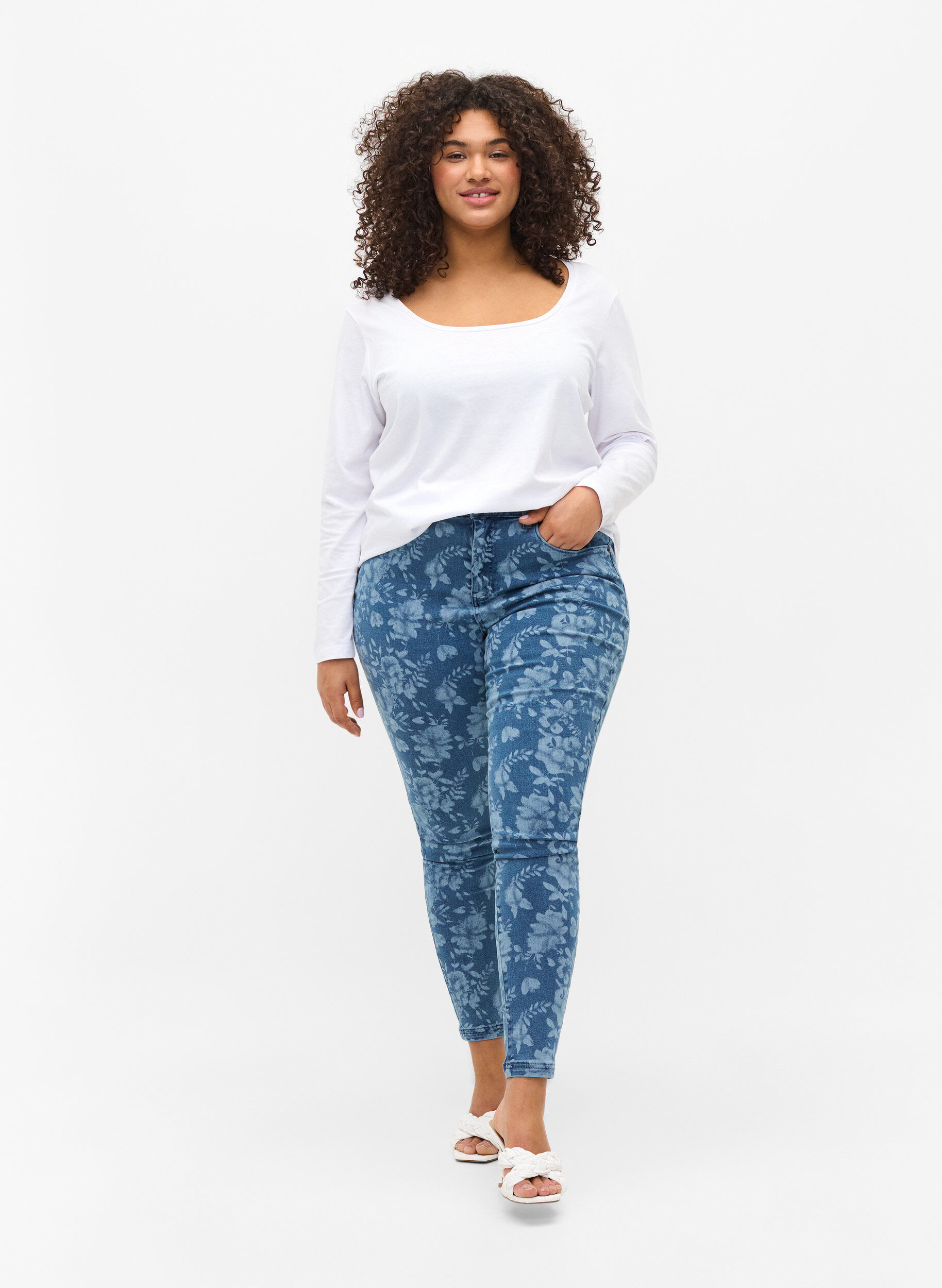 Zizzi 2-pak basis bluse i bomuld, Navy B/B White, Model image number 2
