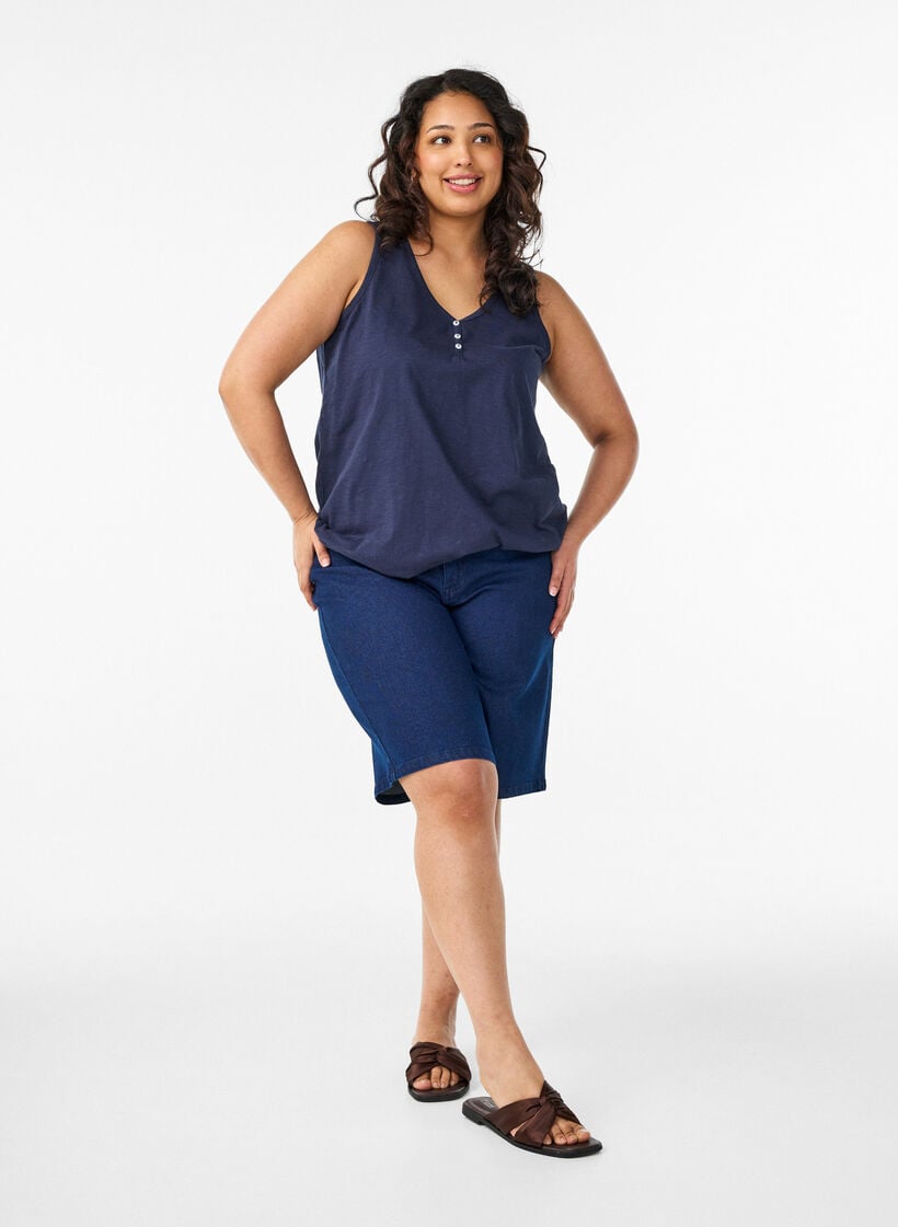 Tanktop i &oslash;kologisk bomuld med V-hals og knapper, Bl&aring;, Model image number 1