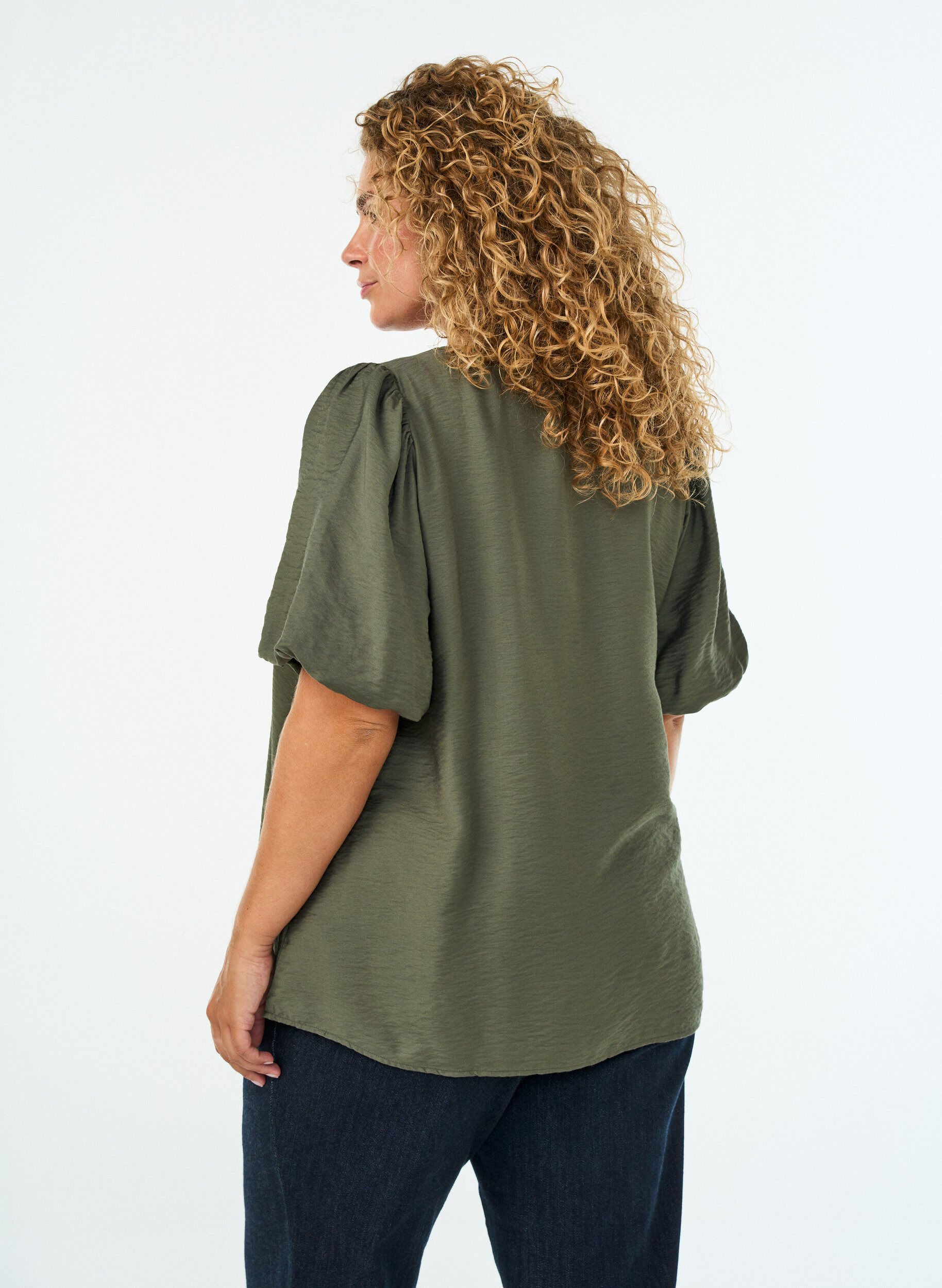 ZizziBluse med ballon&aelig;rmer og V-udsk&aelig;ring, Gr&oslash;n, Model image number 1