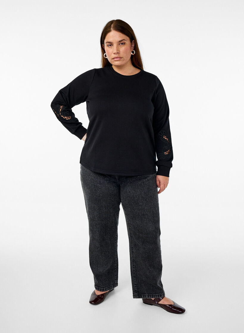 Sweatbluse med broderede udskæringer, Black, Model image number 3
