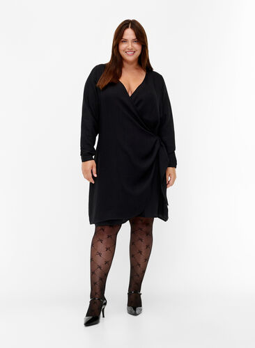 Langærmet kjole i viskose med wrap-look, Black, Model image number 2