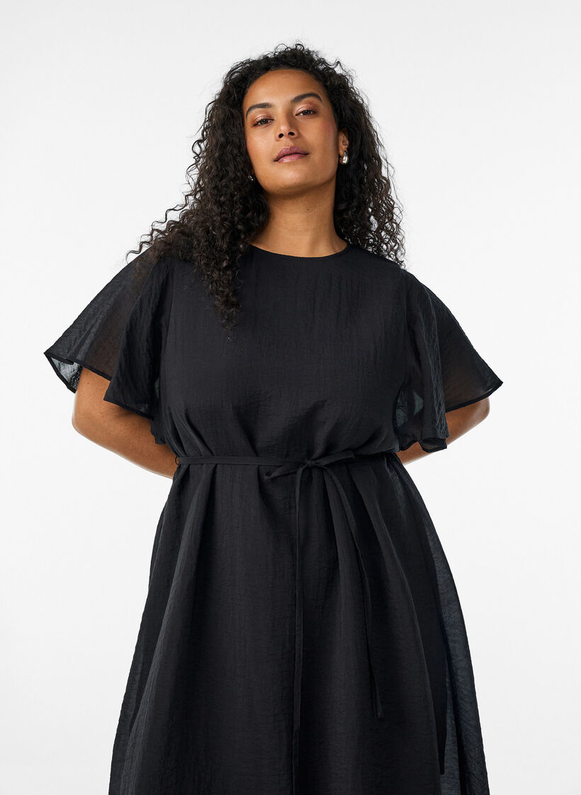 Ankellang kjole med vinge&aelig;rmer og bindeb&aring;nd, Sort, Model image number 2