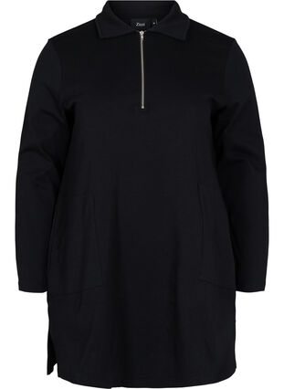 Bomulds tunika med lynlås og lommer, Black, Packshot image number 0