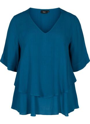 Viskose bluse med 2/4 ærmer og læg, Moroccan Blue, Packshot image number 0