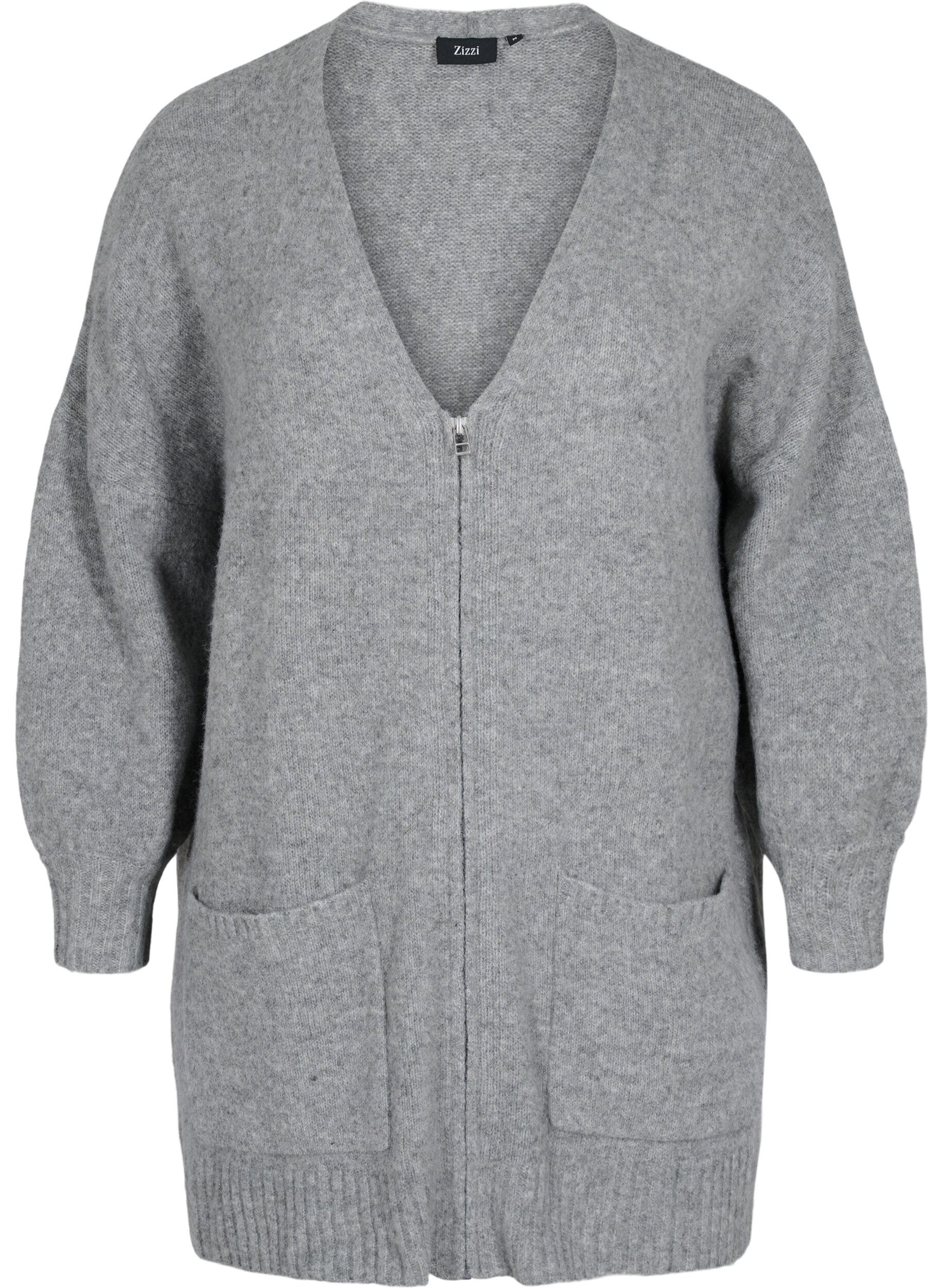 Zizzi Lang strikket cardigan med lynl&aring;s og lommer, Medium Grey Melange, Packshot image number 0