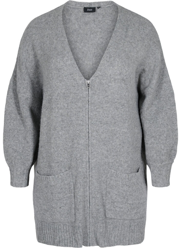 Lang strikket cardigan med lynlås og lommer, Medium Grey Melange, Packshot image number 0