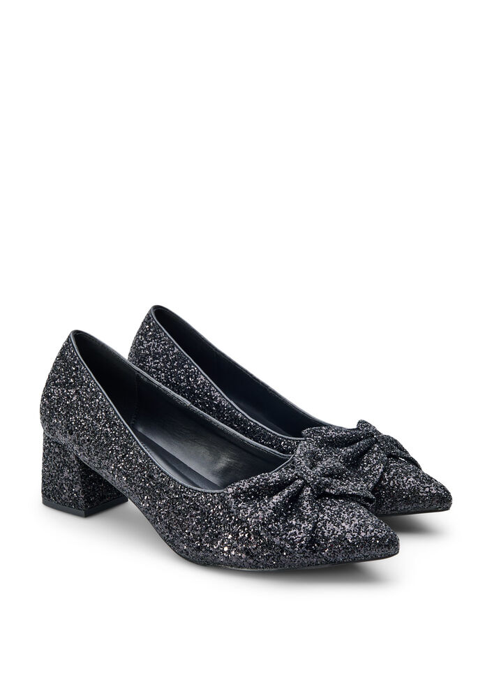 Wide fit - Glitter pump med sløjfe, Sort, Packshot image number 1