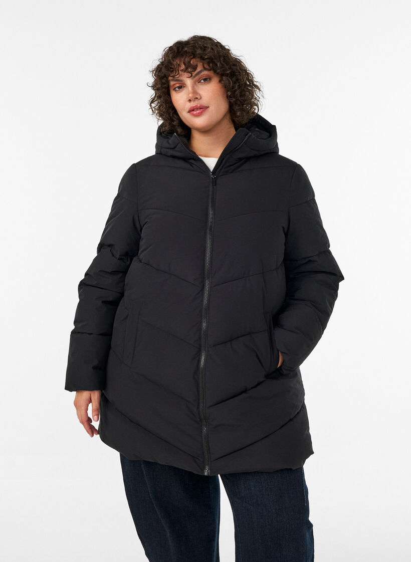 Mellemlang pufferjakke med h&aelig;tte, Sort, Model image number 3