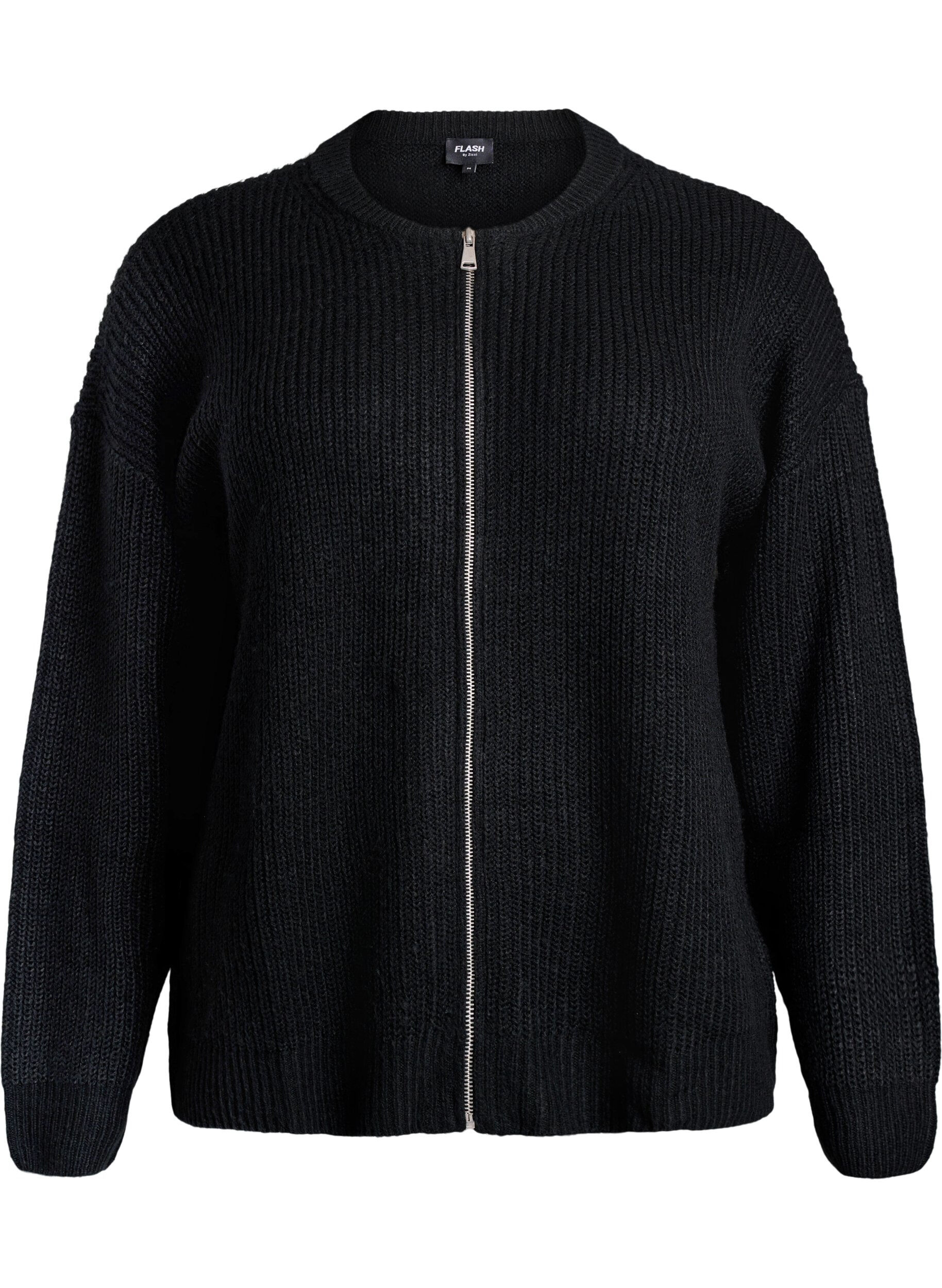 ZizziStrik cardigan med lynl&aring;s, Sort, Packshot image number 0