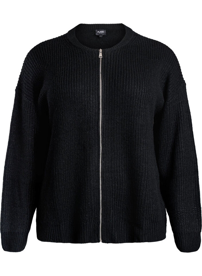 Strik cardigan med lynl&aring;s, Sort, Packshot image number 0