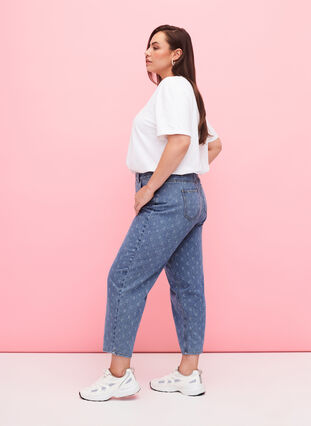 Cropped jeans med print og høj talje, Blue denim, Model image number 3