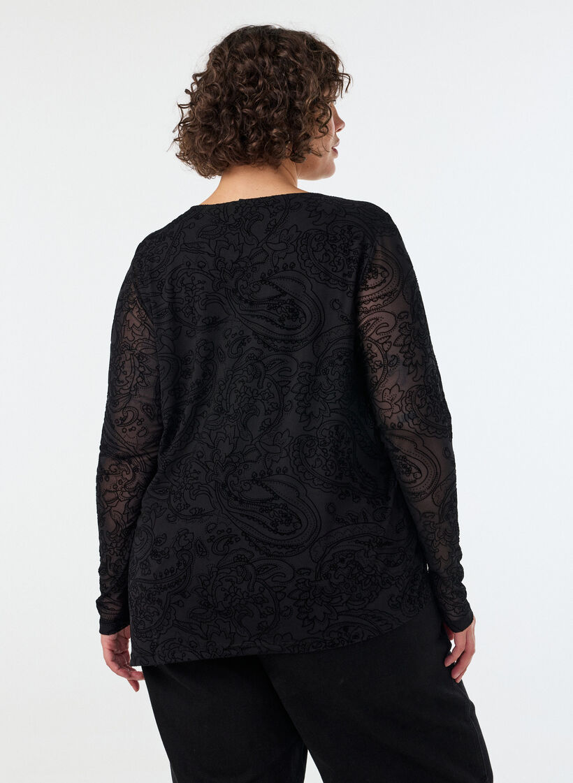 Meshbluse med paisleym&oslash;nster og skr&aring; kant, Sort, Model image number 2