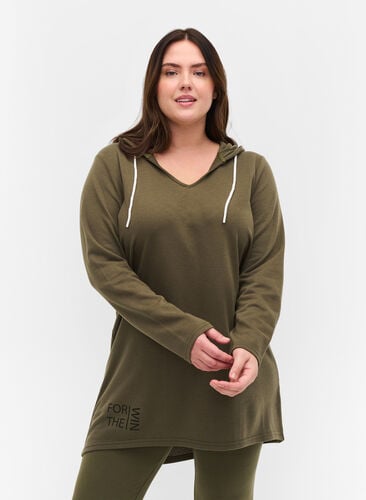 Lang sweatshirt med v-hals og hætte, Ivy Green, Model image number 0
