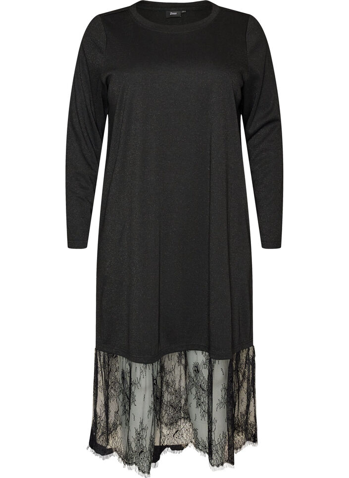 Jerseykjole med glimmer og blondekant, Sort, Packshot image number 0