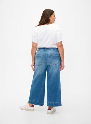 Cropped jeans med vidde, Blue denim, Model image number 1