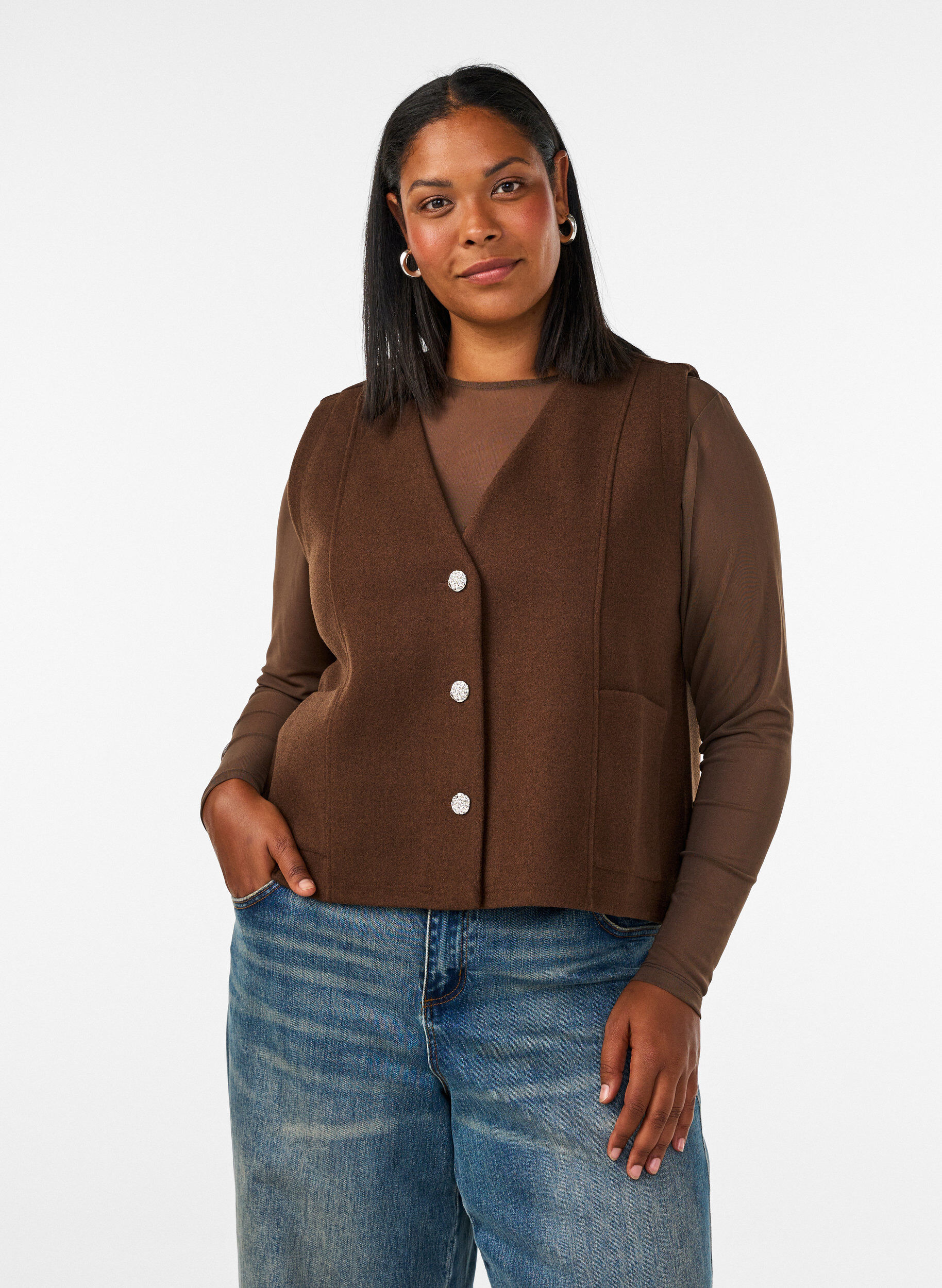 Vest med V-hals og knapper, Brun, Model