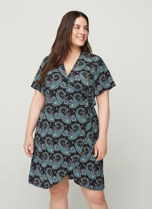Wrap kjole i paisley print med korte ærmer, B. Vintage Paisley, Model image number 0