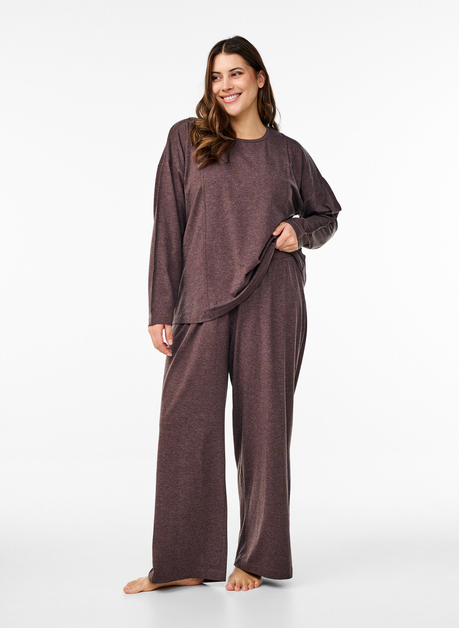 Zizzi Jerseybukser med straight fit og h&oslash;j talje, Bracken Mel., Model image number 0