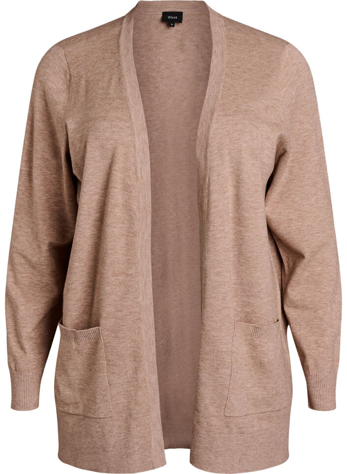 Lang strikcardigan med lommer og &aring;bent design, Beige, Packshot image number 0