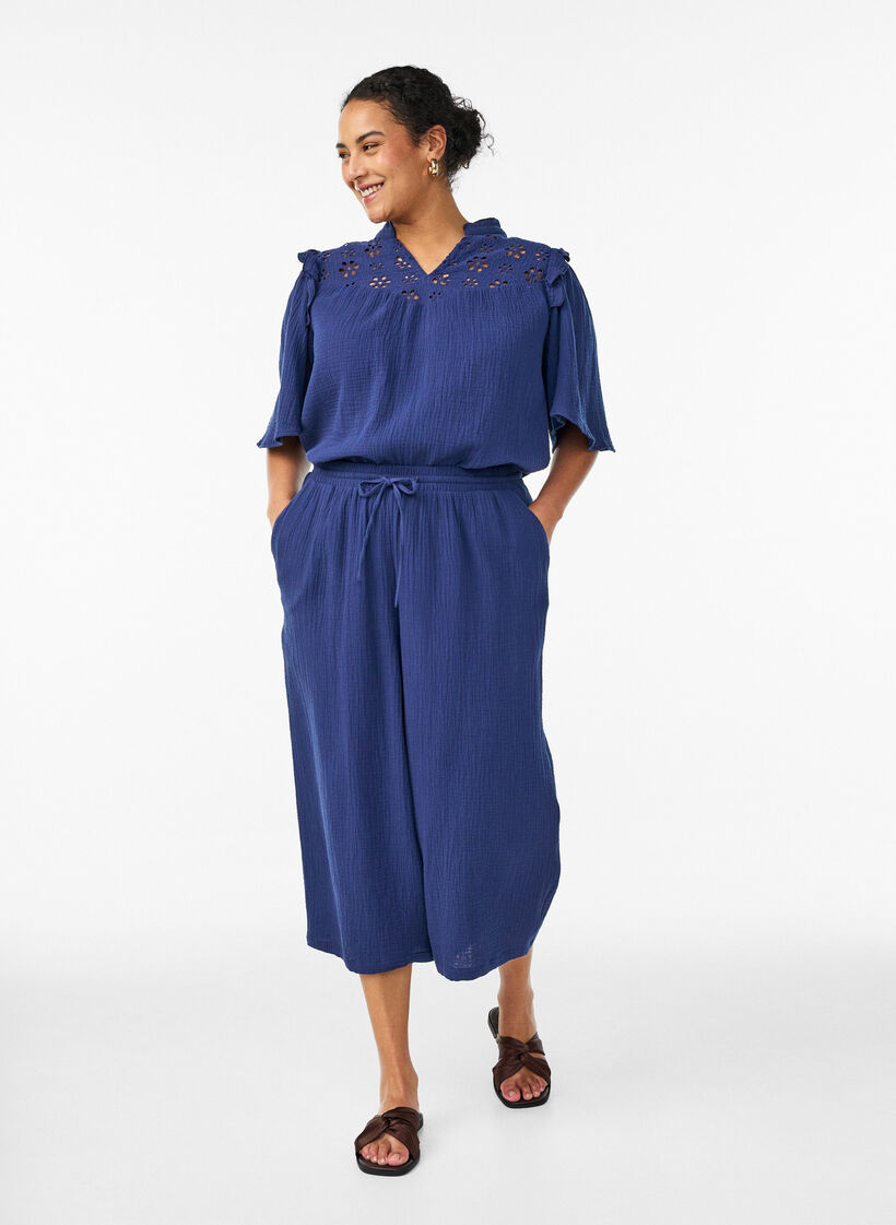 Culottebukser i bomuldsmusselin med h&oslash;j talje, Bl&aring;, Model image number 0