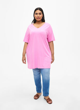 Ensfarvet oversize t-shirt med v-hals, Rosebloom, Model image number 2