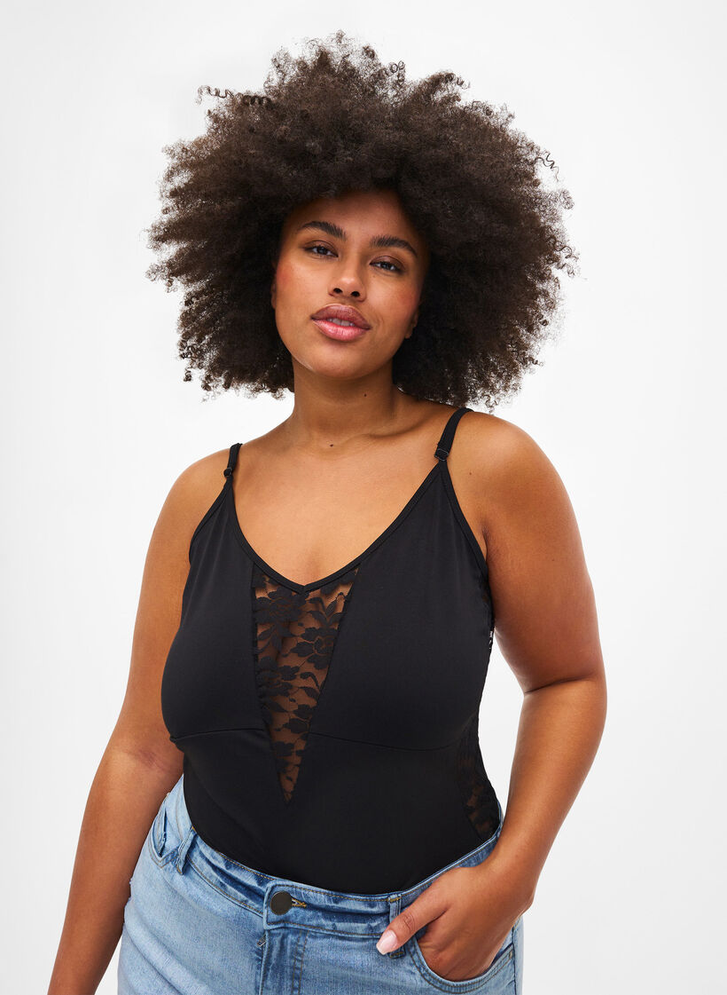 Bodystocking med blonder og smalle stropper, Black, Model image number 0