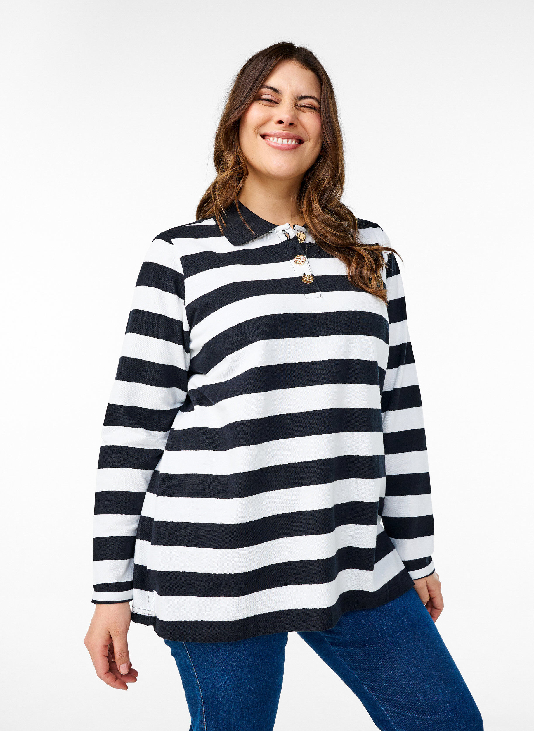 Stribet poloshirt med lange &aelig;rmer, Sort, Model