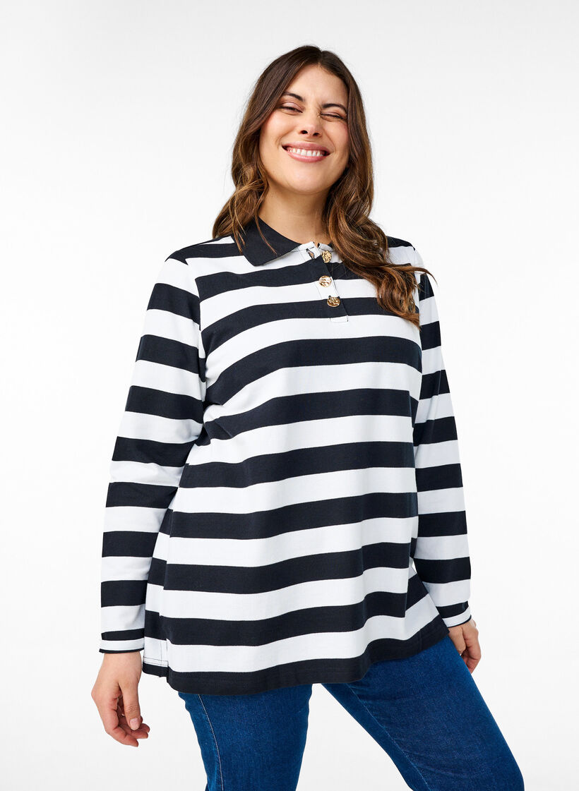 Stribet poloshirt med lange ærmer, Sort, Model image number 0