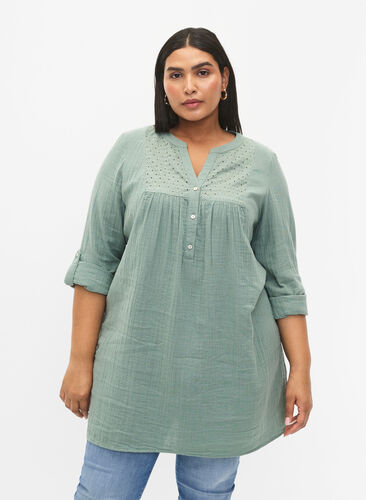Tunika i bomuld med broderi anglaise, Chinois Green, Model image number 0