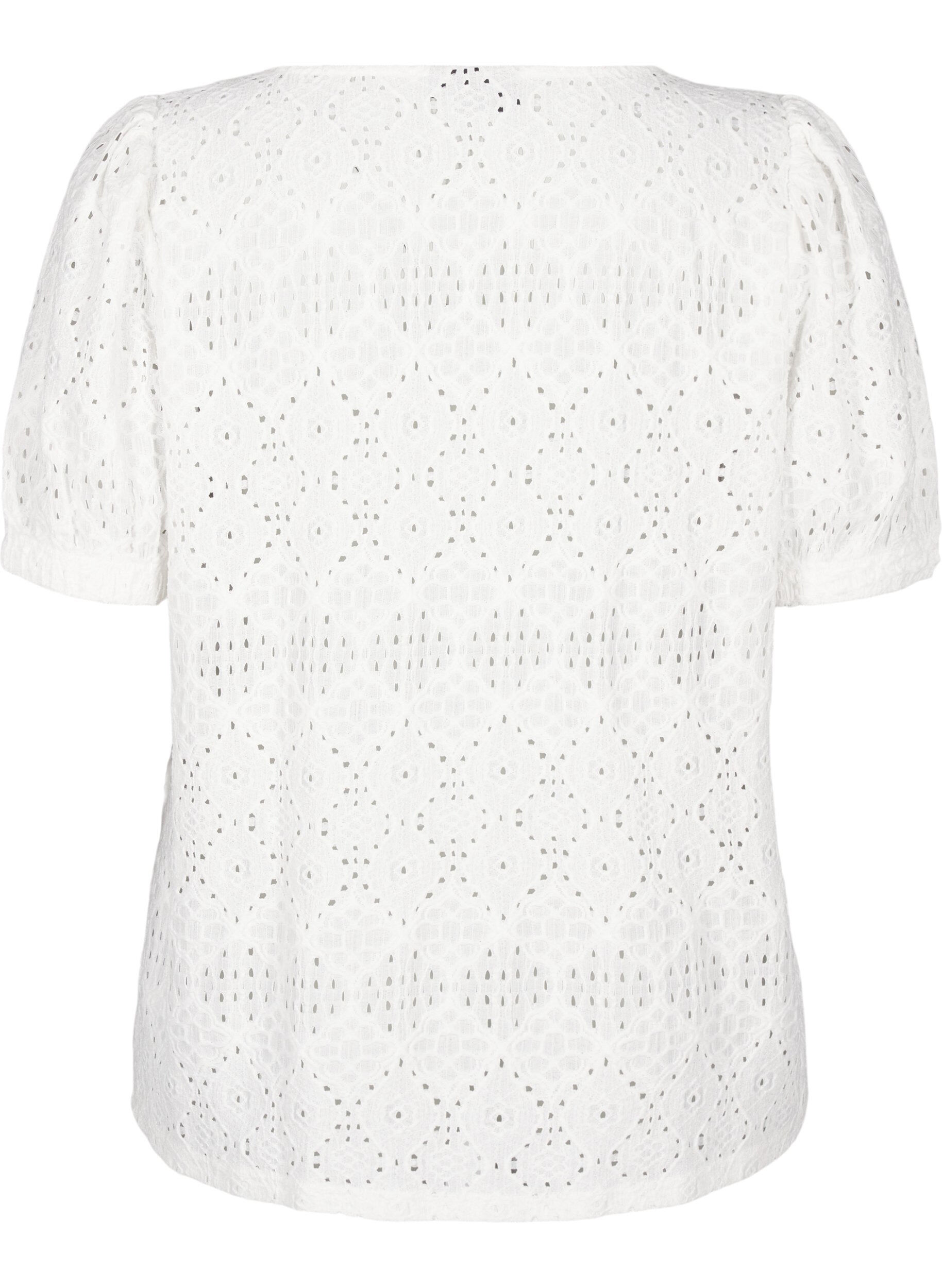 Zizzi Kort&aelig;rmet bluse med hulm&oslash;nster, Bright White, Packshot image number 1