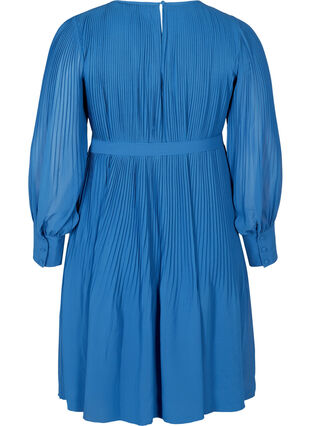 Langærmet plissé kjole med bindebånd, Classic Blue , Packshot image number 1