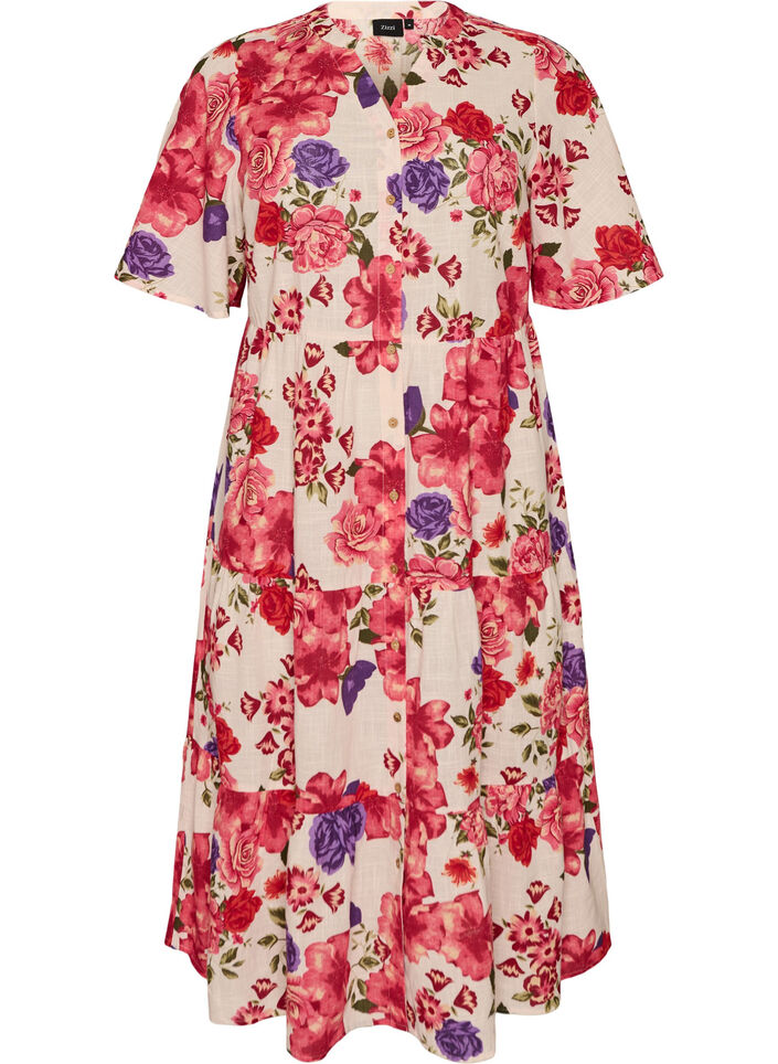 Midikjole i bomuld med blomsterprint, R&oslash;d, Packshot image number 0