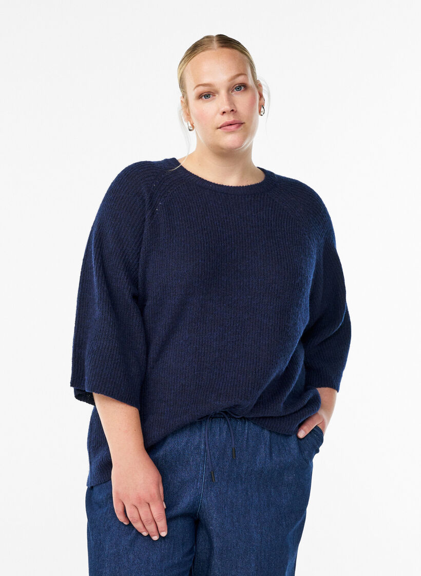 Ribstrikket tr&oslash;je med 3/4 &aelig;rmer, Bl&aring;, Model image number 0