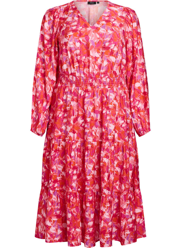 Midikjole med farverigt bladmønster, Lyserød, Packshot image number 0